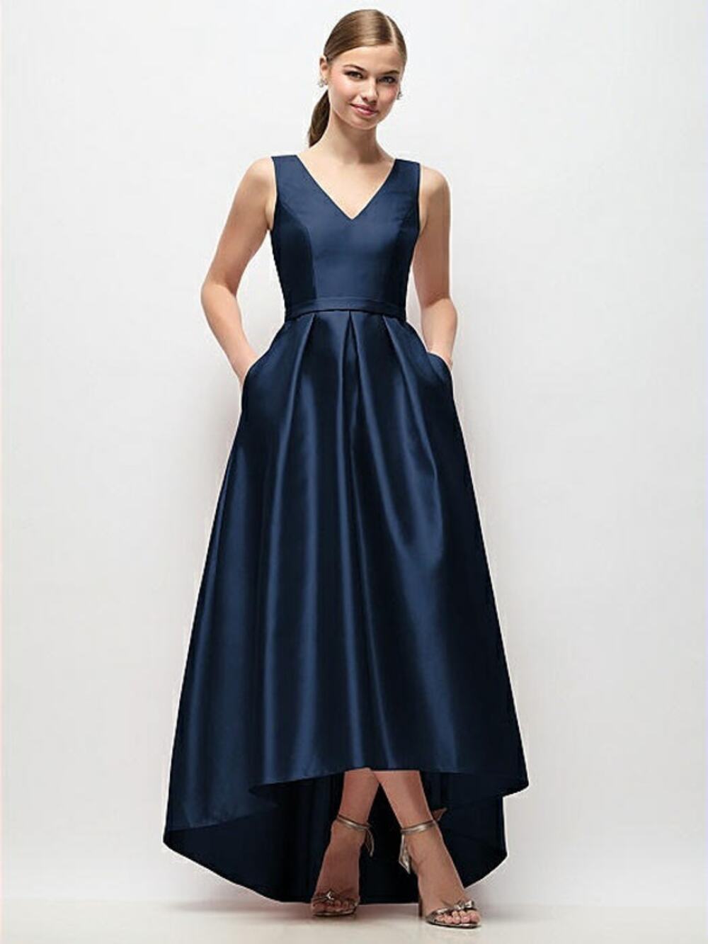 Alfred Sung Midnight Navy Blue Sleeveless Pleated High Low Satin Dress Size 0
